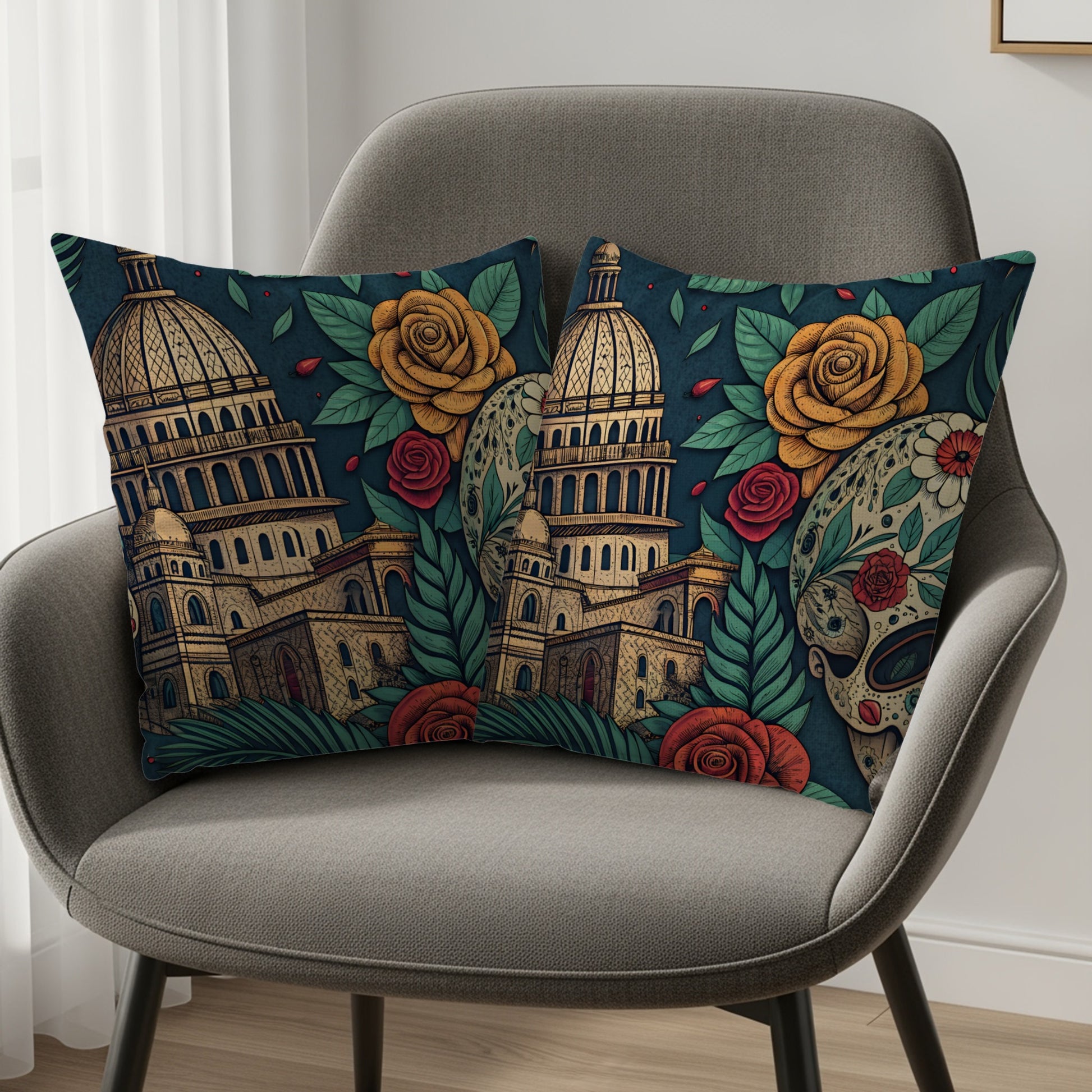 Vibrant Floral Cityscape Pattern Decorative Pillow Set