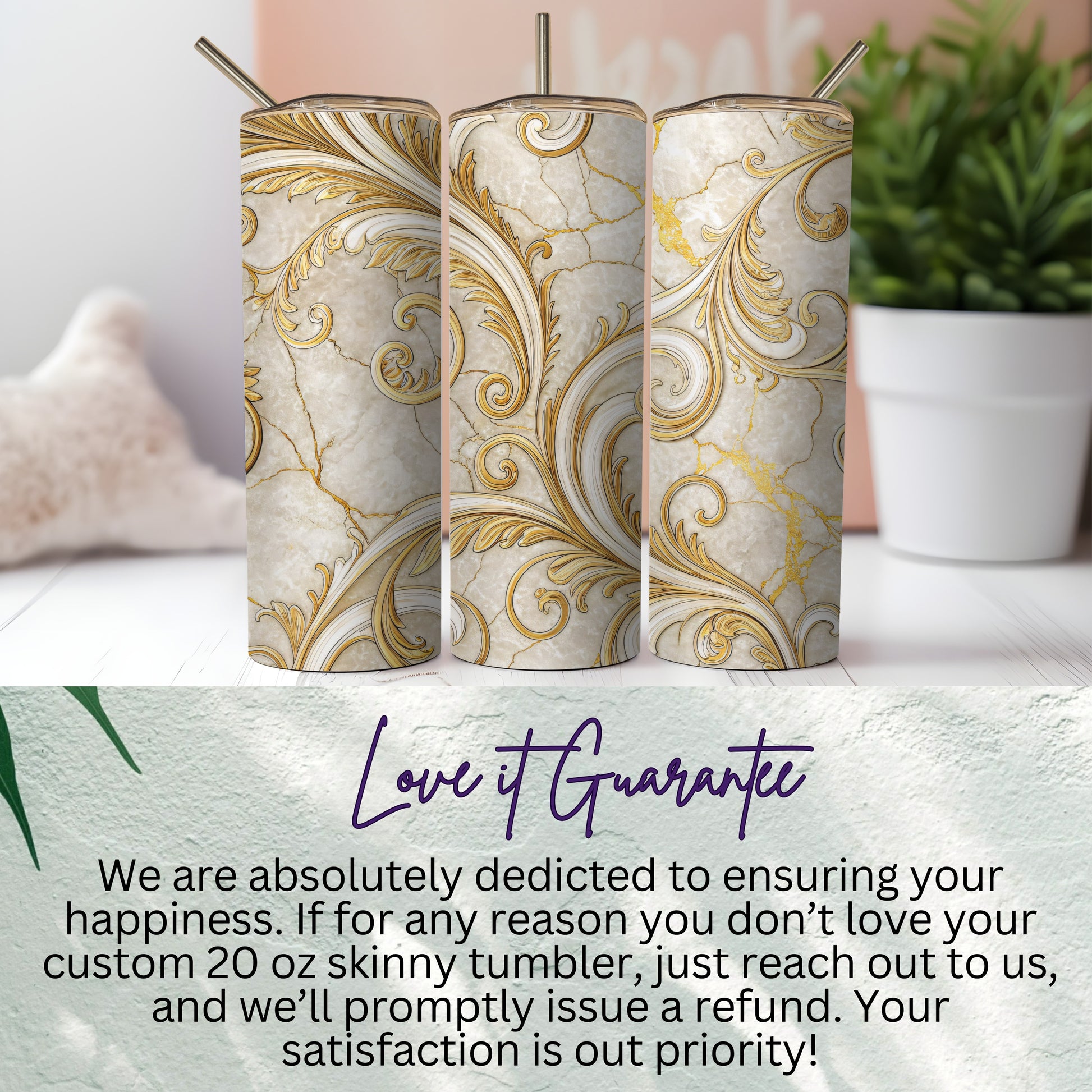 Elegant Gold Swirl Design Skinny Tumbler 20 oz