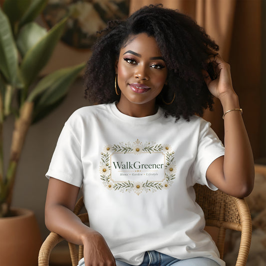 White t-shirt with a central floral design and text "WalkGreener Home Garden Lifestyle".