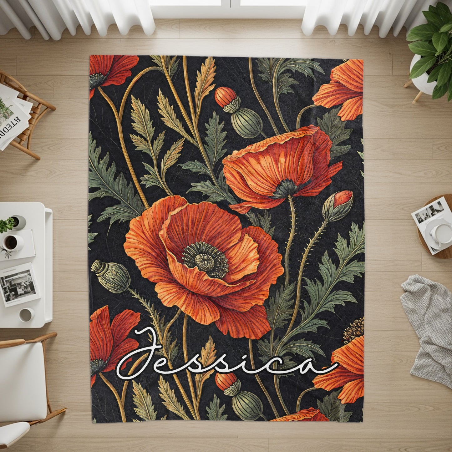 Floral Pattern Red and Green with Custom Name Blanket - Walk Greener