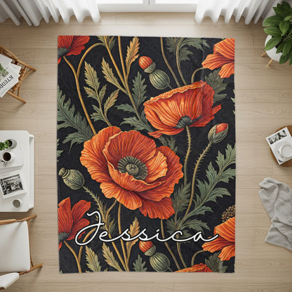Floral Pattern Red and Green with Custom Name Blanket - Walk Greener