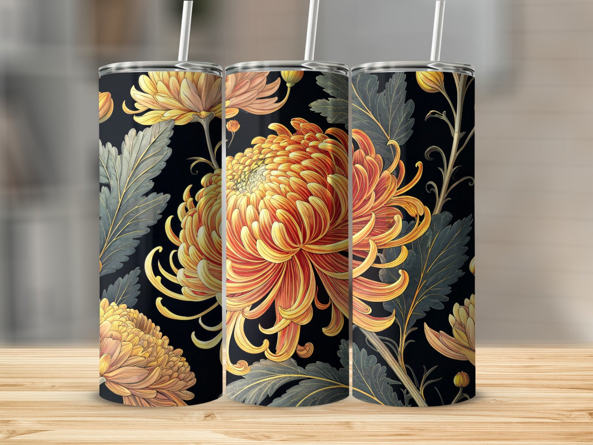 Yellow Orange Chrysanthemum Floral Artwork on Black Tumblers - Walk Greener
