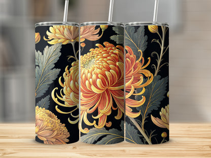 Yellow Orange Chrysanthemum Floral Artwork on Black Tumblers - Walk Greener