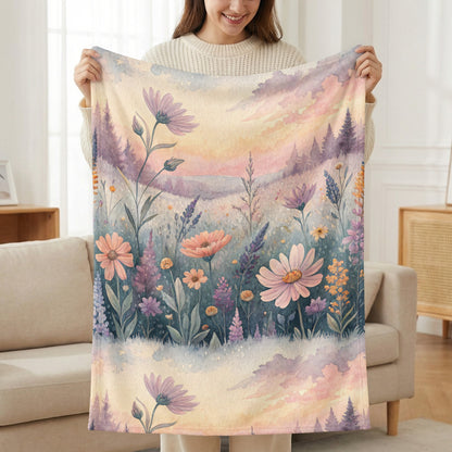 Floral Watercolor Meadow with Sunset Hues Velveteen Plush Blankets - Walk Greener