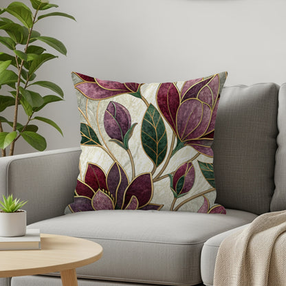 Maroon Flowers Golden Outlines on White Pattern Throw Pillows - Walk Greener