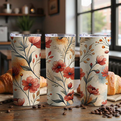 Red Floral Design on Cream 20 oz Skinny Tumbler - Walk Greener