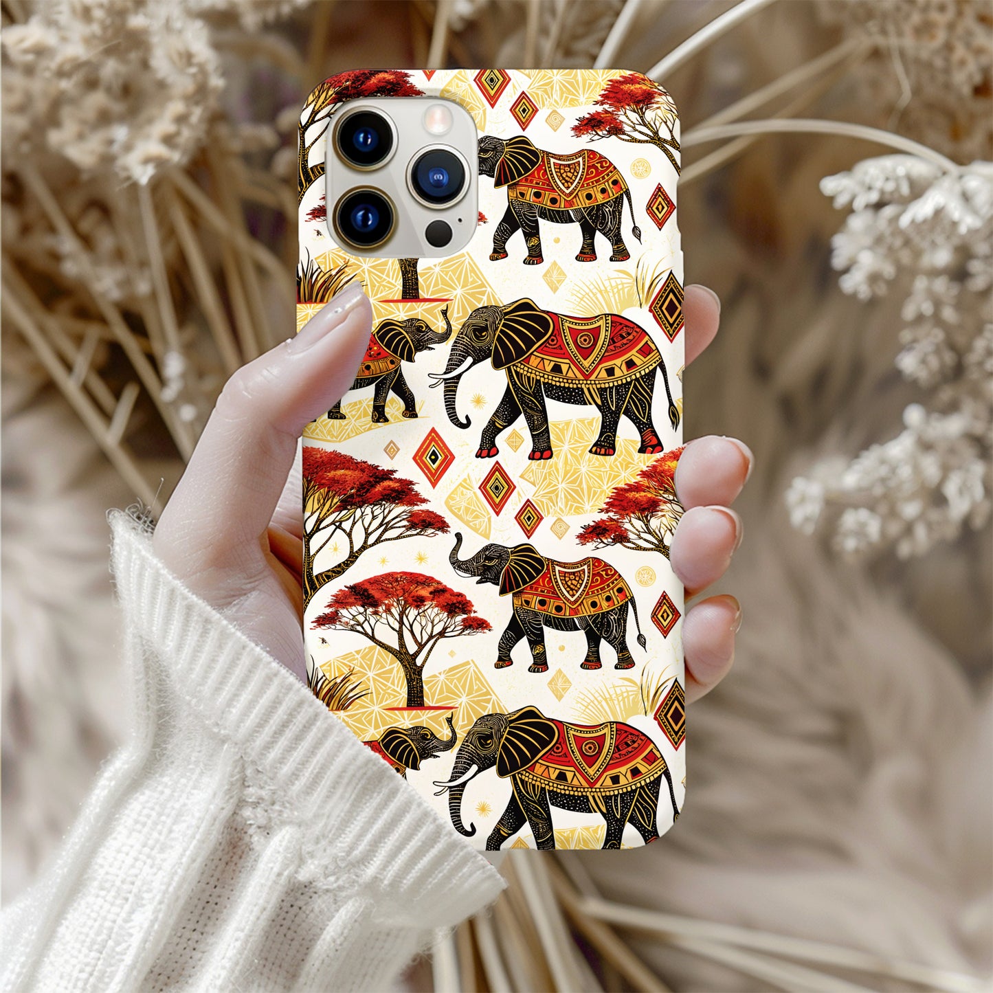 African Elephants Savannah Trees and Diamond Shapes Custom Phone Case - Walk Greener