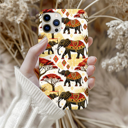 African Elephants Savannah Trees and Diamond Shapes Custom Phone Case - Walk Greener