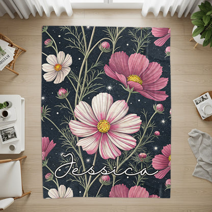 Cosmos Flowers With Custom Name On Dark Backdrop Custom Blanket - Walk Greener