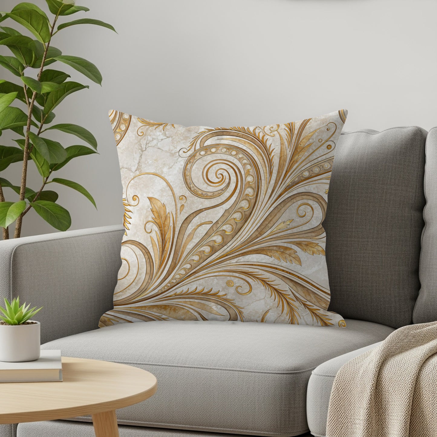 Elegant Gold and White Swirl Design Throw Pillow