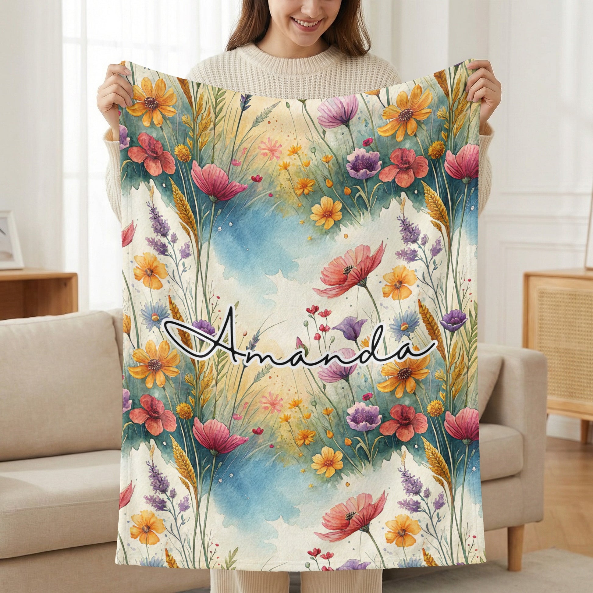 Personalized Floral Name Blanket with Colorful Flowers