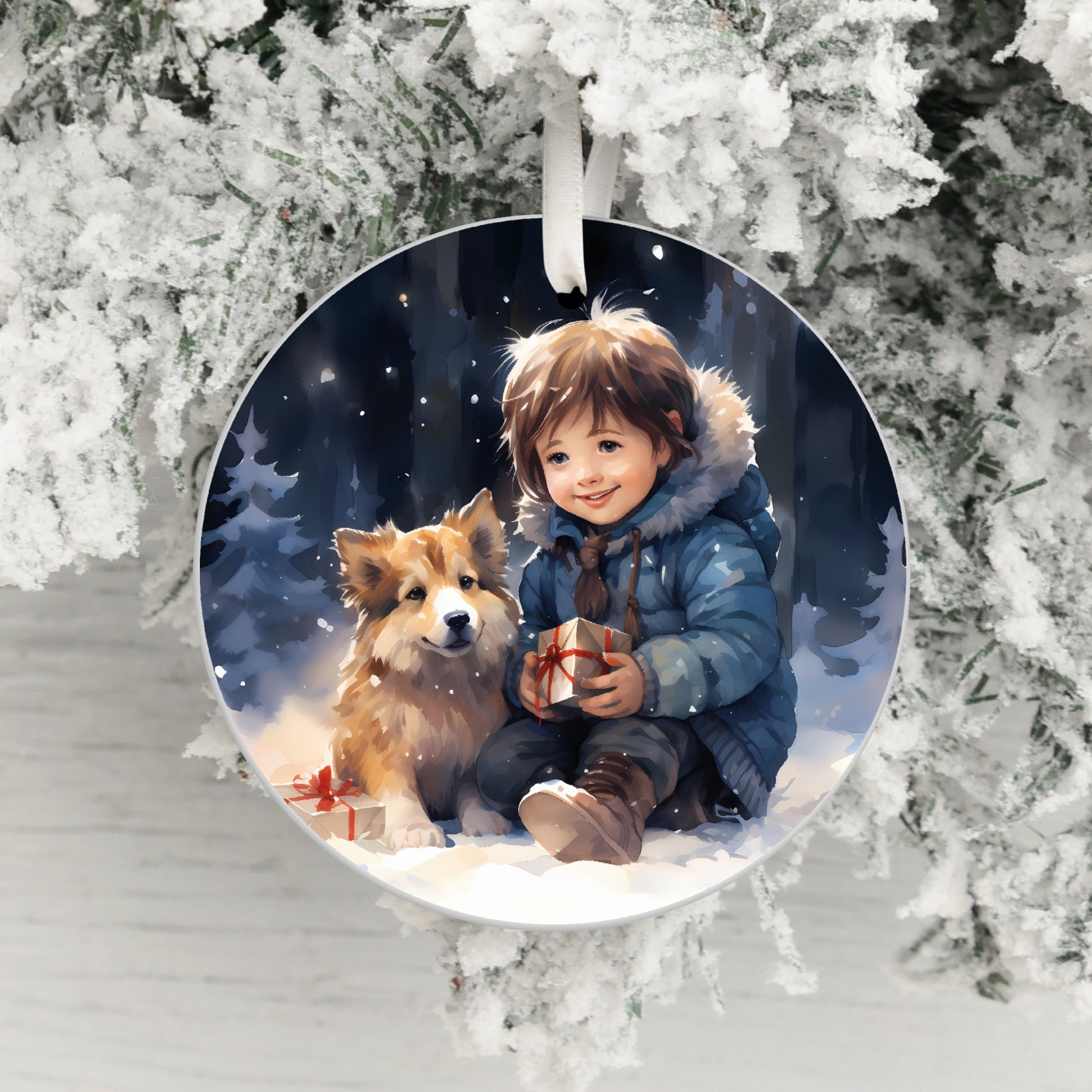 Cute Child with Dog Winter Scene Hanging Ornament product