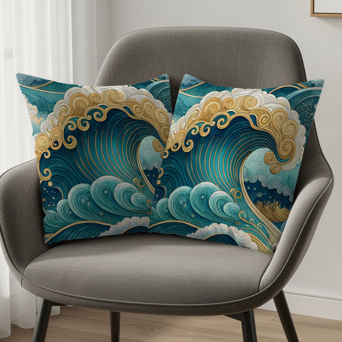 Oceanic Bliss Azure and Gold Waves Pattern Throw Pillows - Walk Greener