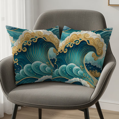 Oceanic Bliss Azure and Gold Waves Pattern Throw Pillows - Walk Greener