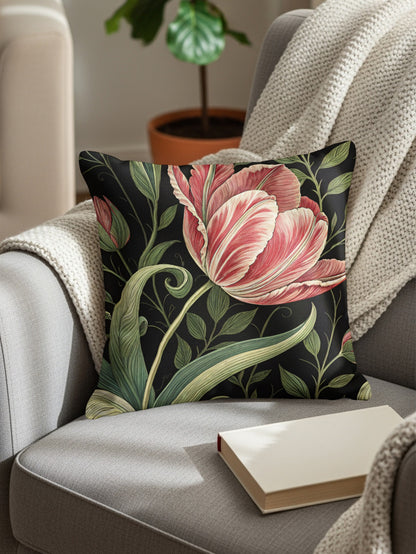 Red White Tulips a Dark Backdrop Decorative Floral Throw Pillows - Walk Greener