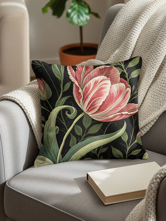 Red White Tulips a Dark Backdrop Decorative Floral Throw Pillows - Walk Greener