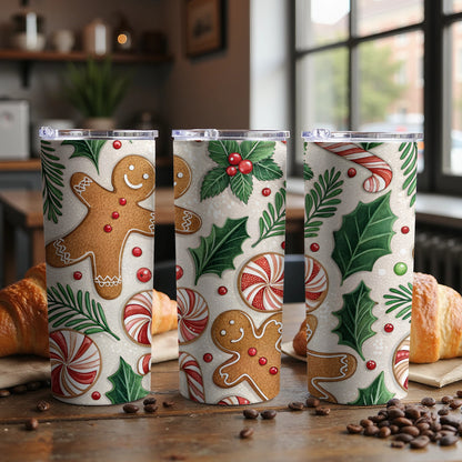 Festive Gingerbread and Holly Holiday Tumbler Design