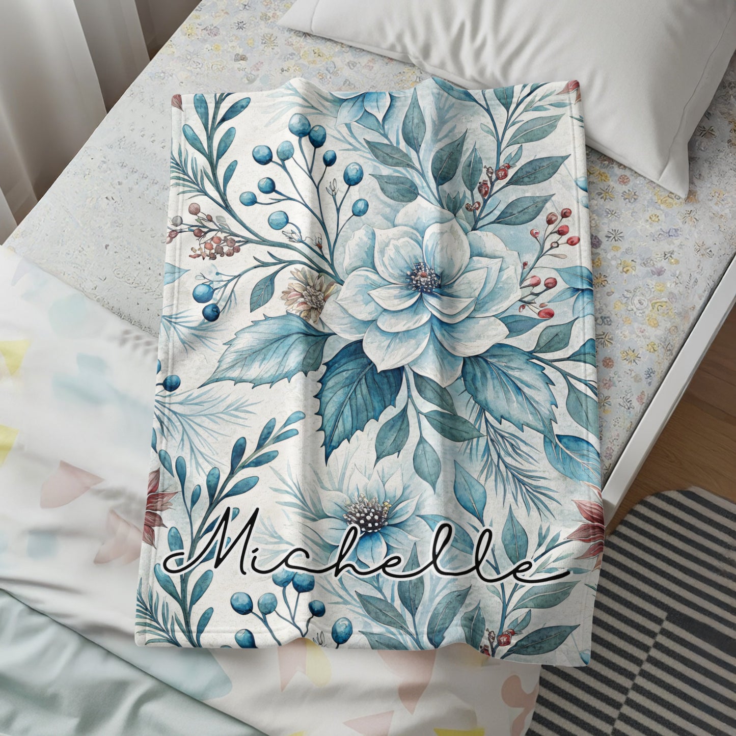 Personalized Floral Design Blanket with Custom Name