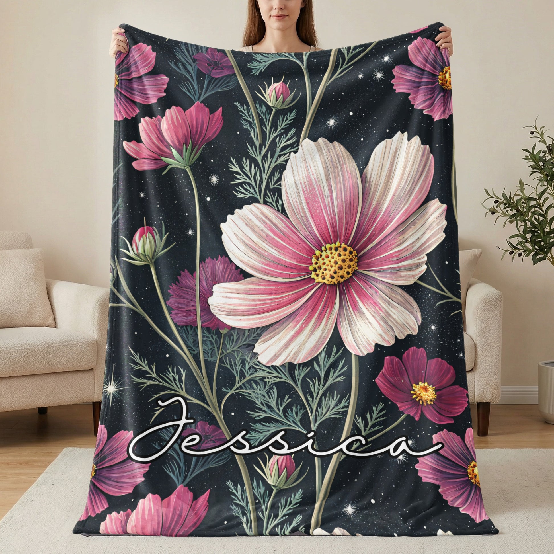 Custom Name Floral Blanket with Beautiful Pink Flowers