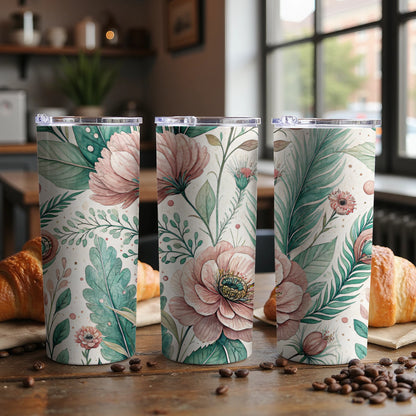 Elegant Pink Flowers with Leaves Floral Design 20 oz Skinny Tumbler - Walk Greener