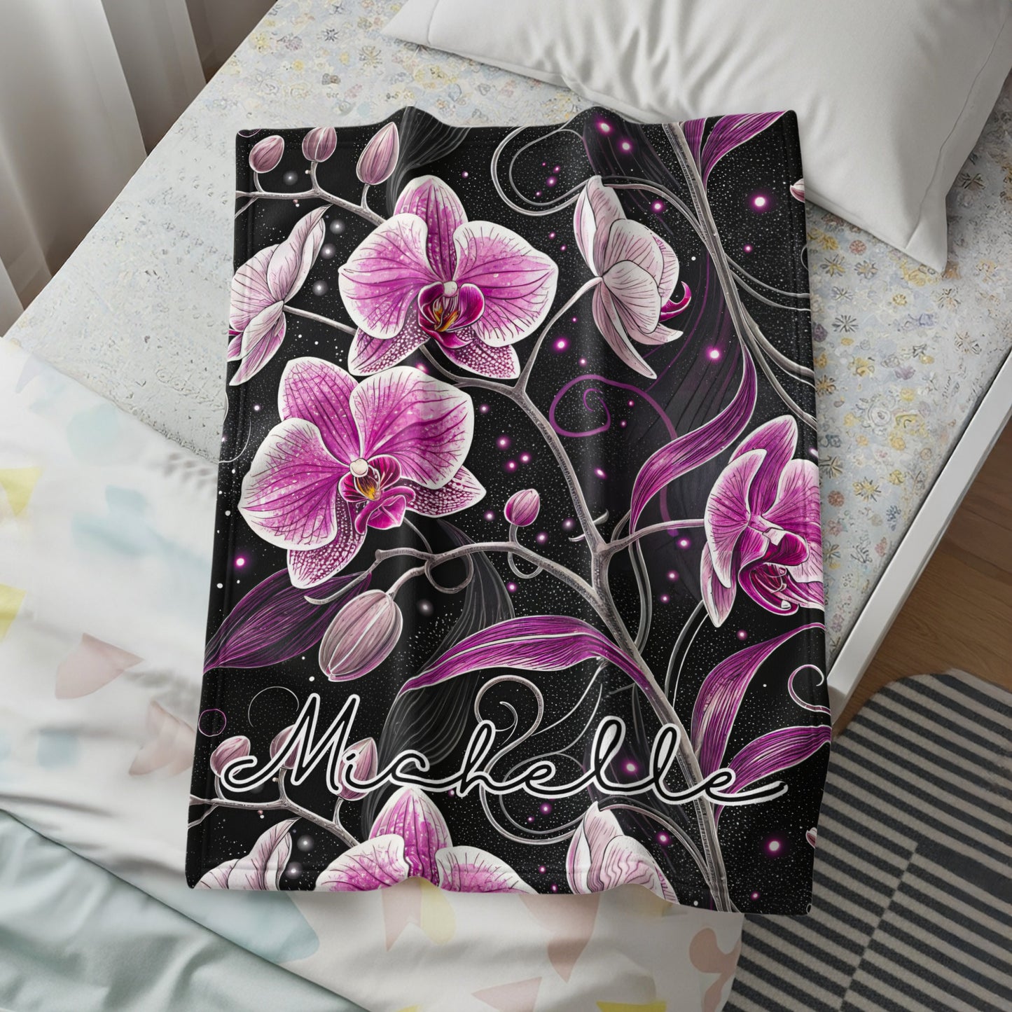 Beautiful Pink and Black Floral Personalized Blanket