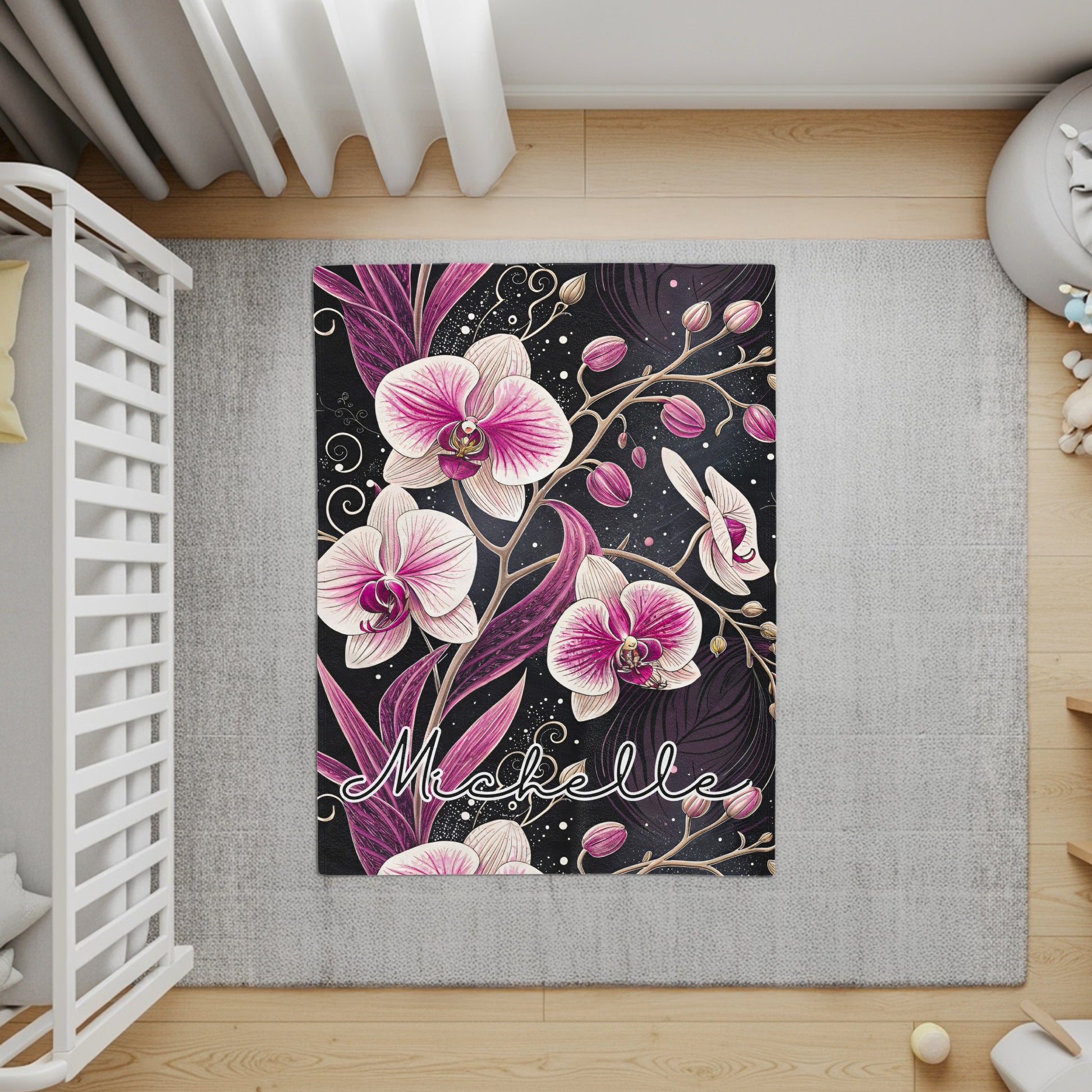 Personalized Orchid Floral Design Area Rug for Kids Room