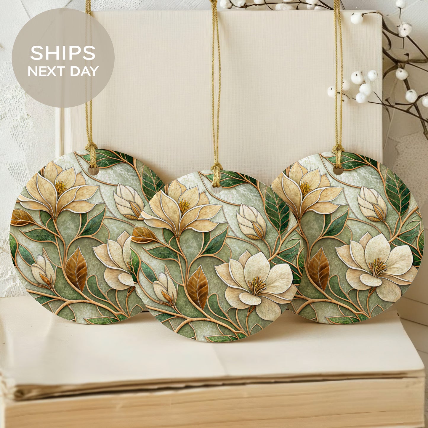 Elegant Floral Round Ornaments with Next Day Shipping