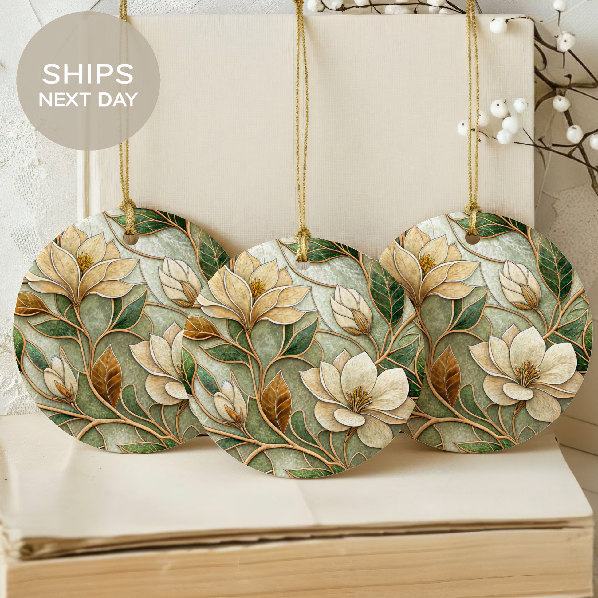 Elegant Floral Round Ornaments with Next Day Shipping