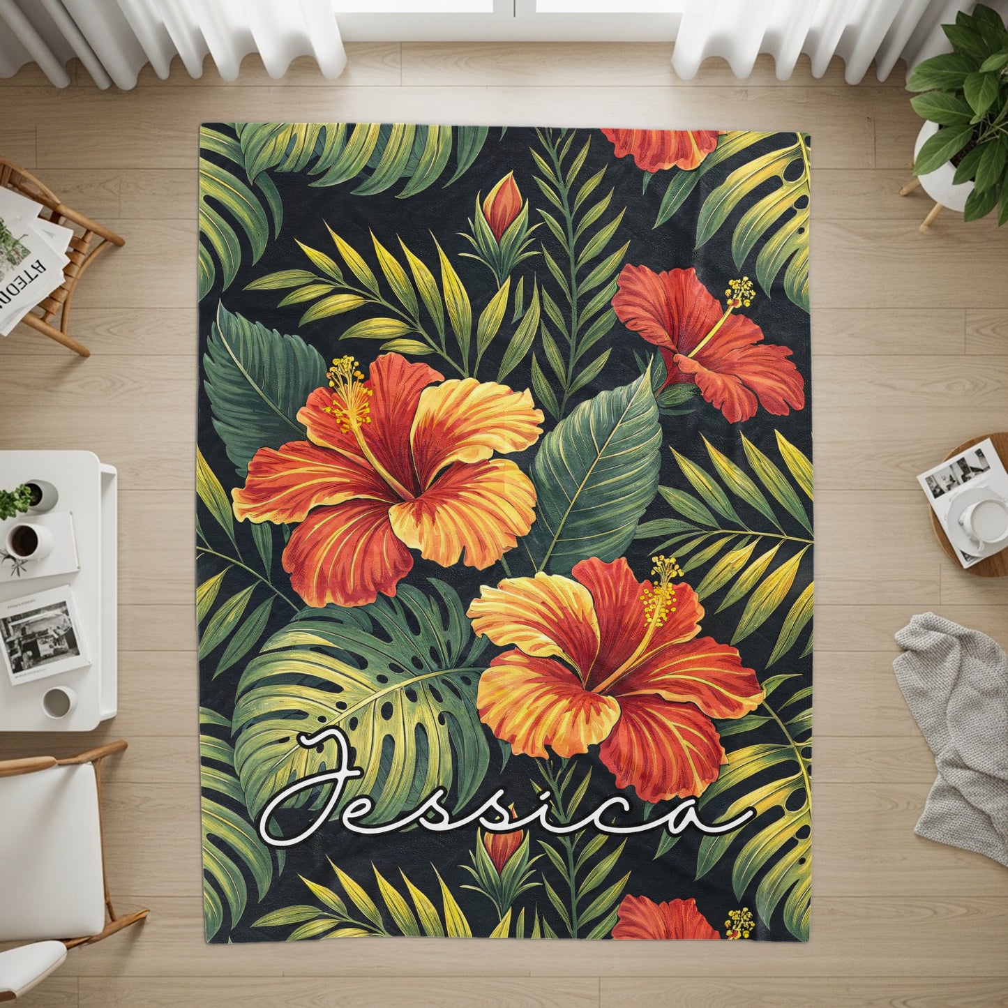 Tropical Hibiscus Print Personalized Name Jessica Rug