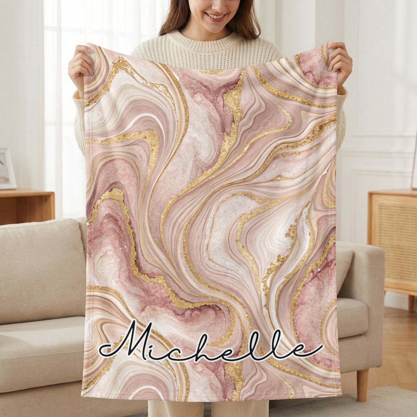 Personalized Pink Marble Design Throw Blanket