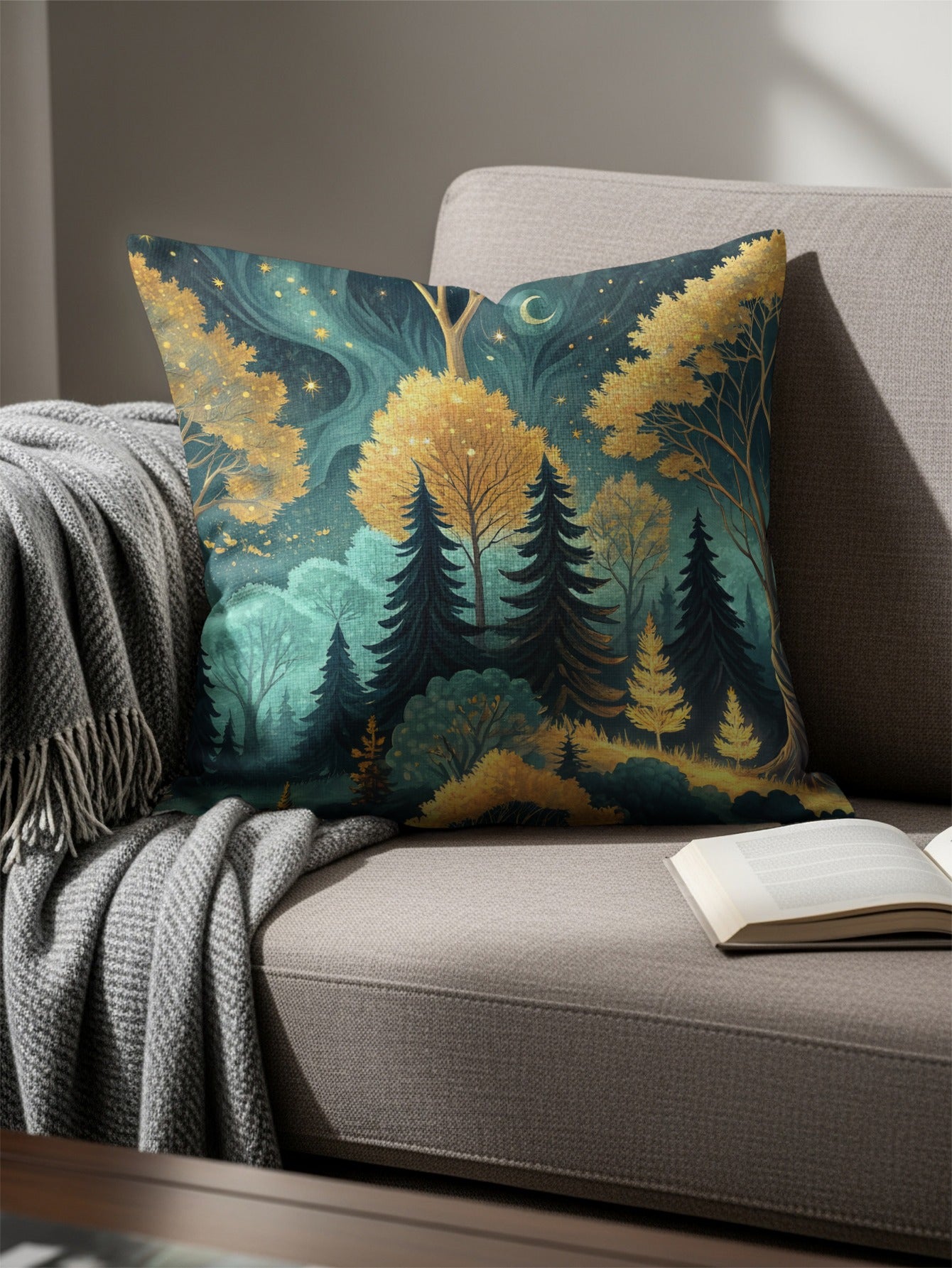Enchanted Forest Night Scene with Gold Trees Throw Pillows - Walk Greener