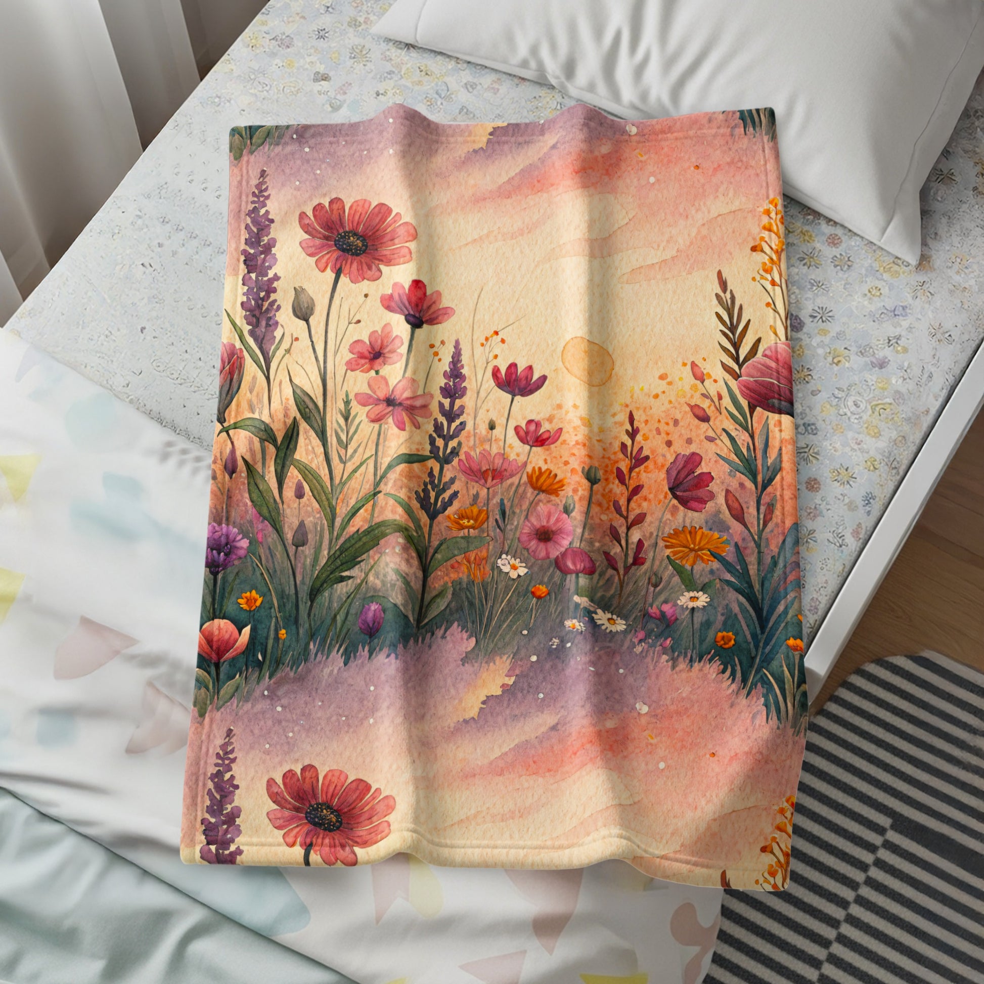 Watercolor Wildflower Meadow at Sunset Floral Artwork - Walk Greener