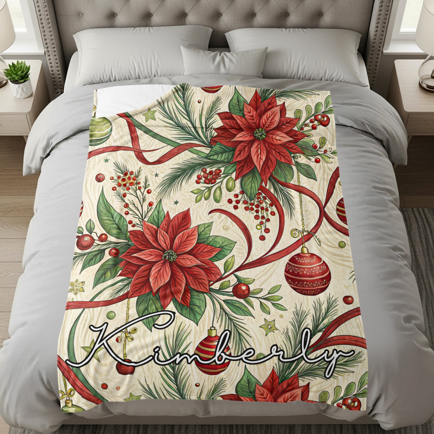 Personalized Poinsettia Design Christmas Bedding Blanket