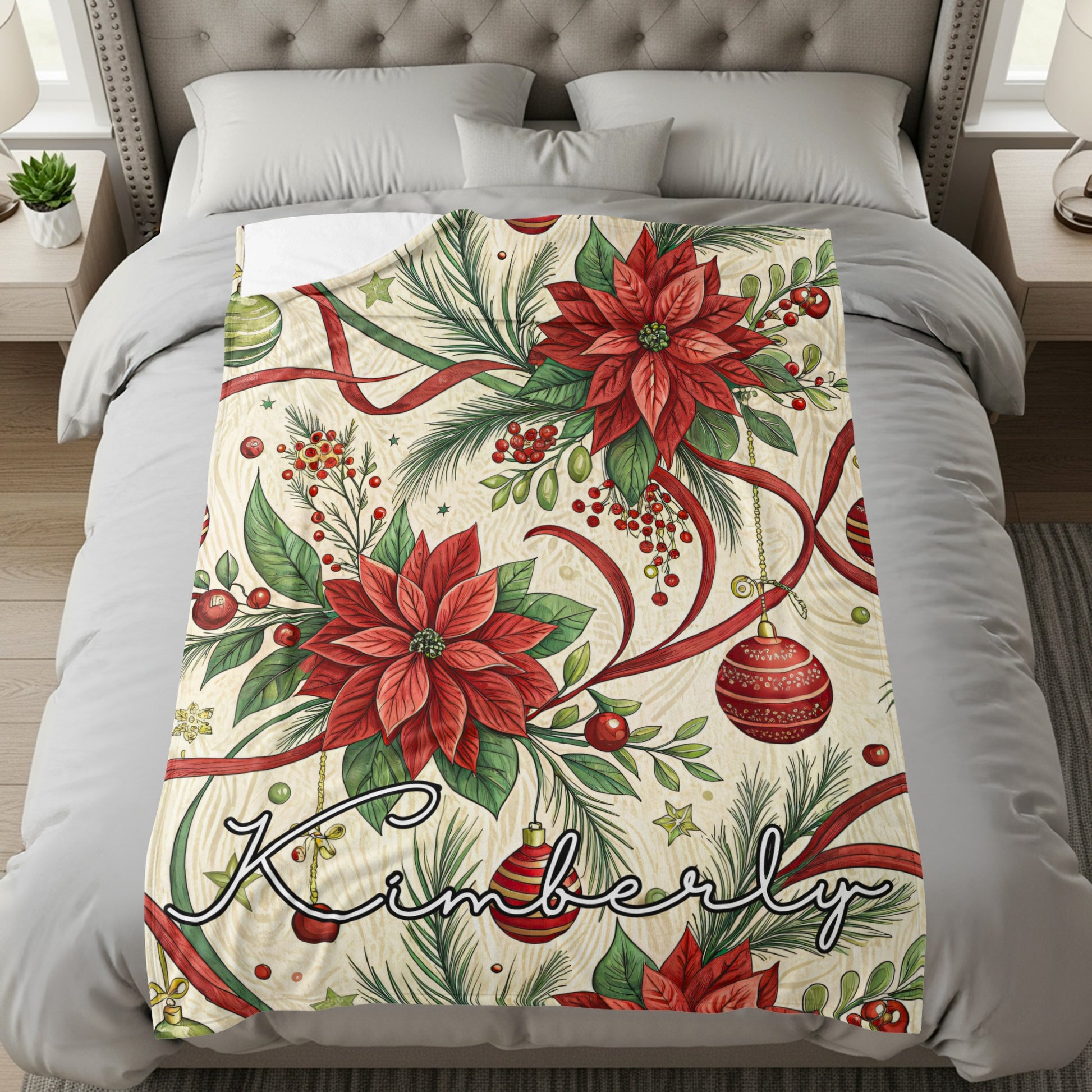 Personalized Poinsettia Design Christmas Bedding Blanket