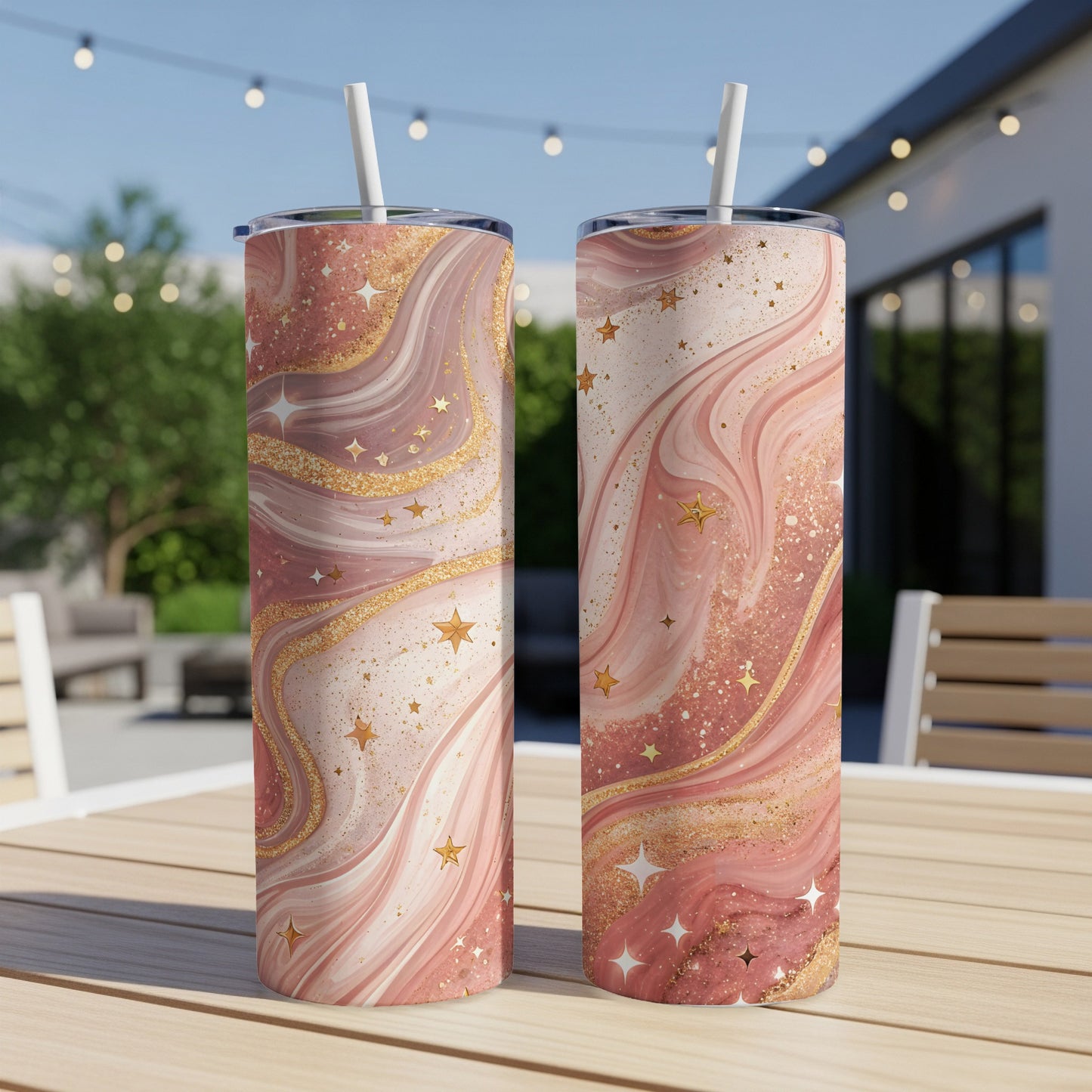 Pink and Gold Swirl Star Patterned Tumbler