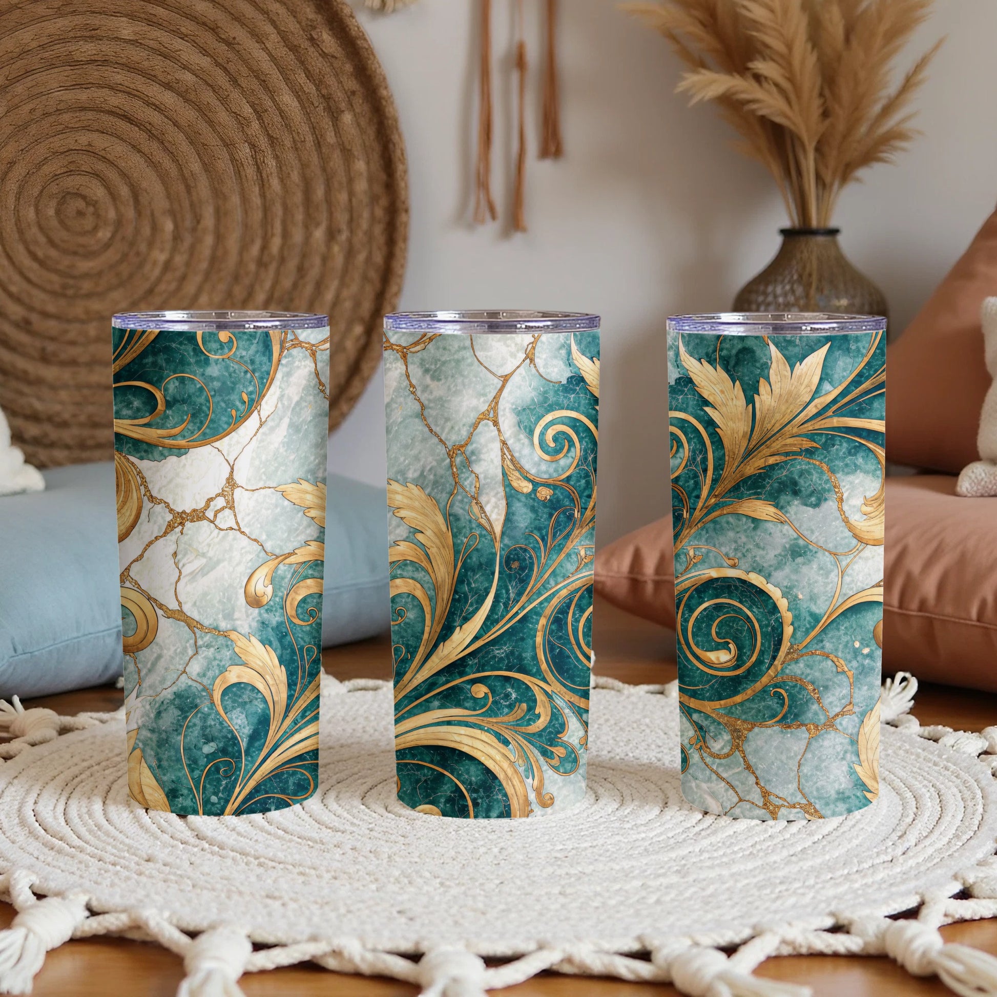 Elegant Turquoise and Gold Swirl Design Tumbler Product