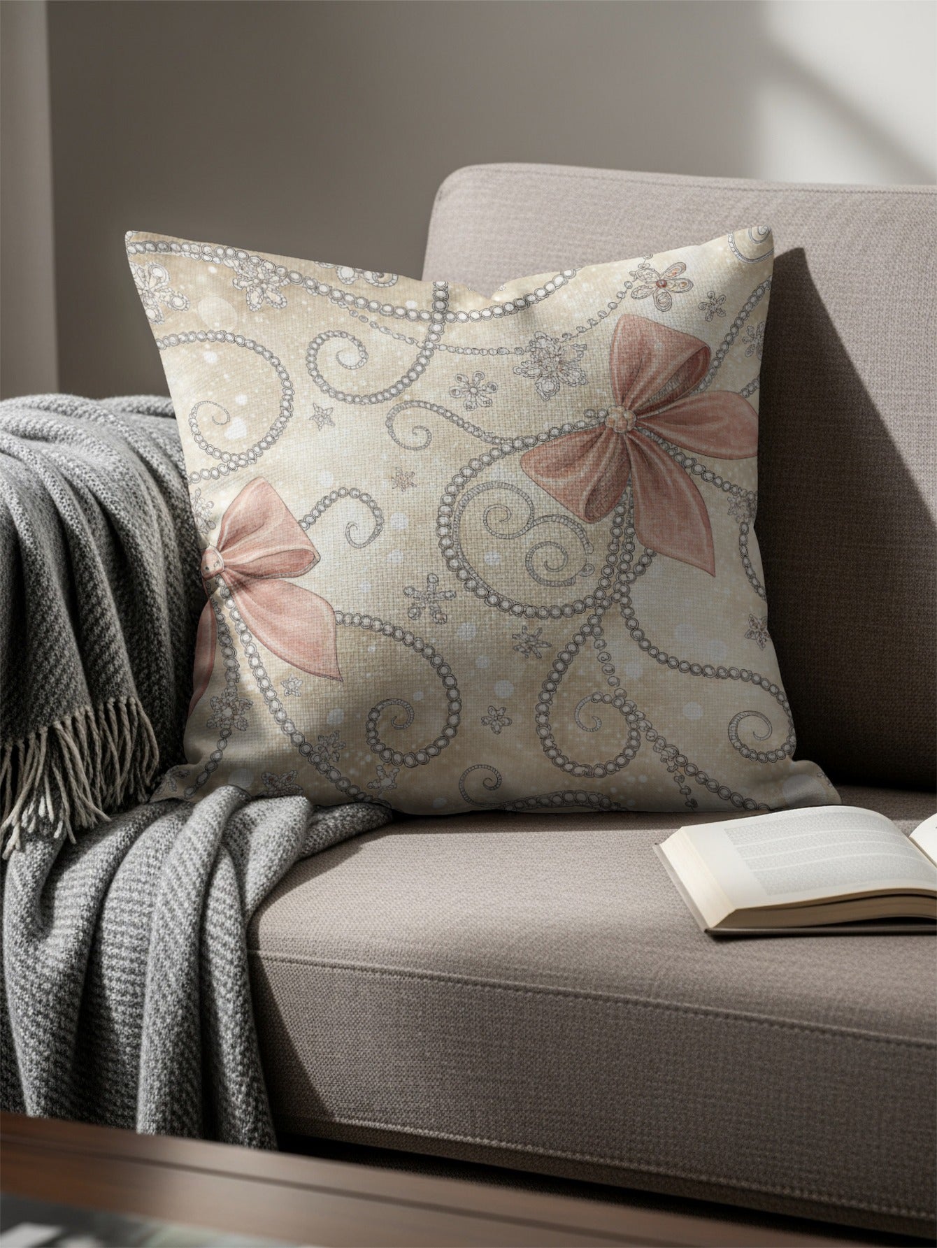 Bows and Pearls on Beige Patterned Background Pillows & Pillow Cases - Walk Greener