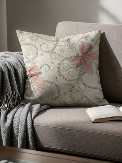 Bows and Pearls on Beige Patterned Background Pillows & Pillow Cases - Walk Greener