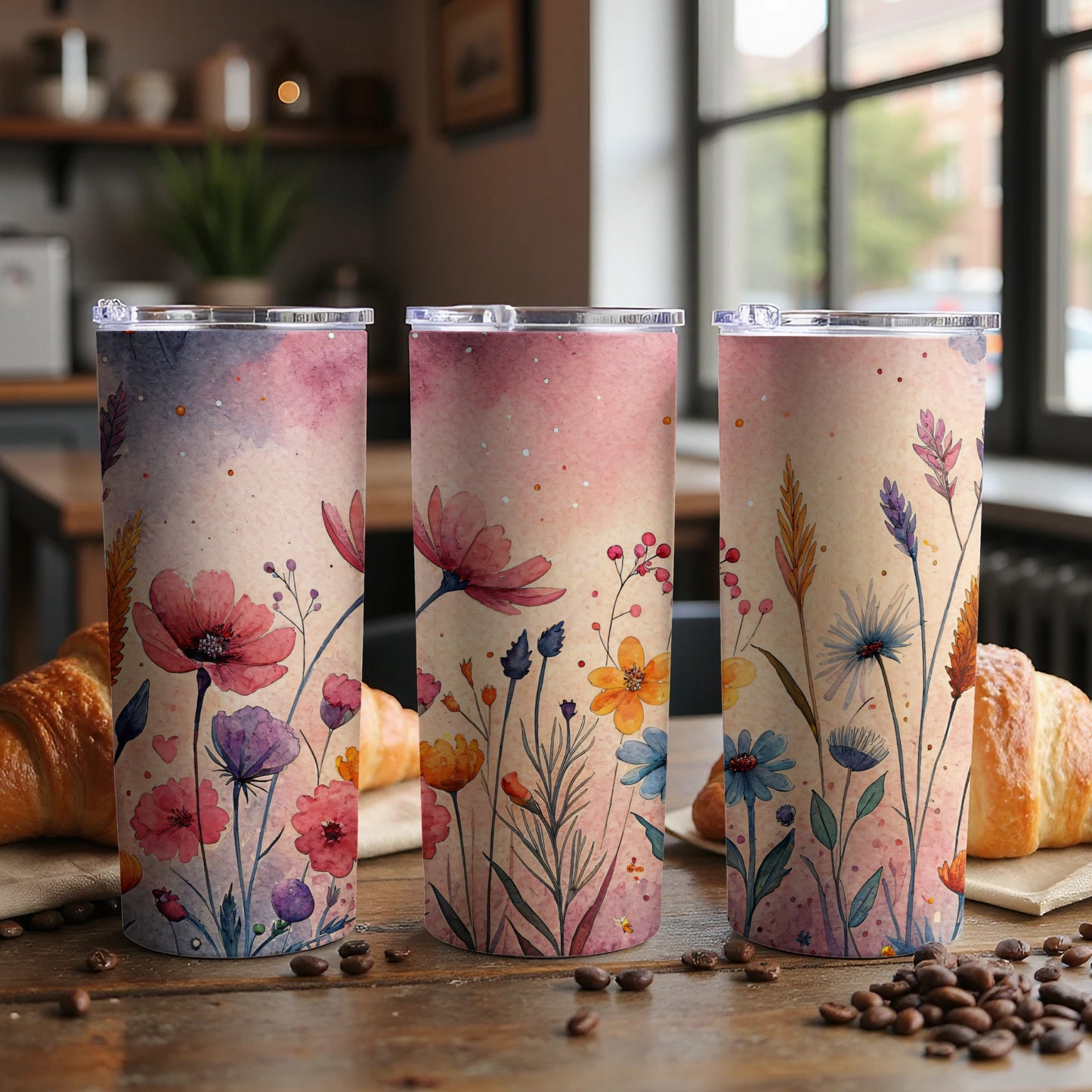 Watercolor Floral Field On Light Pink 20 oz Skinny Tumbler - Walk Greener