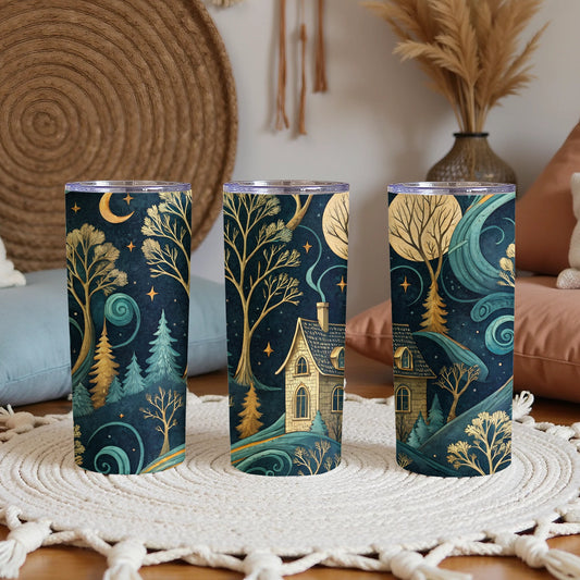 Moon Stars Over Cottage Dreamy Landscape Scene Tumbler - Walk Greener