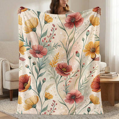Watercolor Floral Pattern Design Red And Yellow Flowers Velveteen Plush Blankets - Walk Greener
