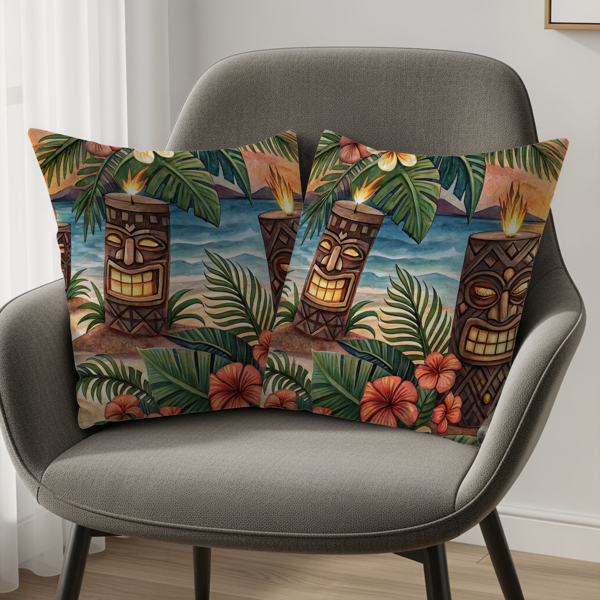 Tropical Tiki Candle Beachside Sunset Illustration Pillows & Pillow Cases - Walk Greener