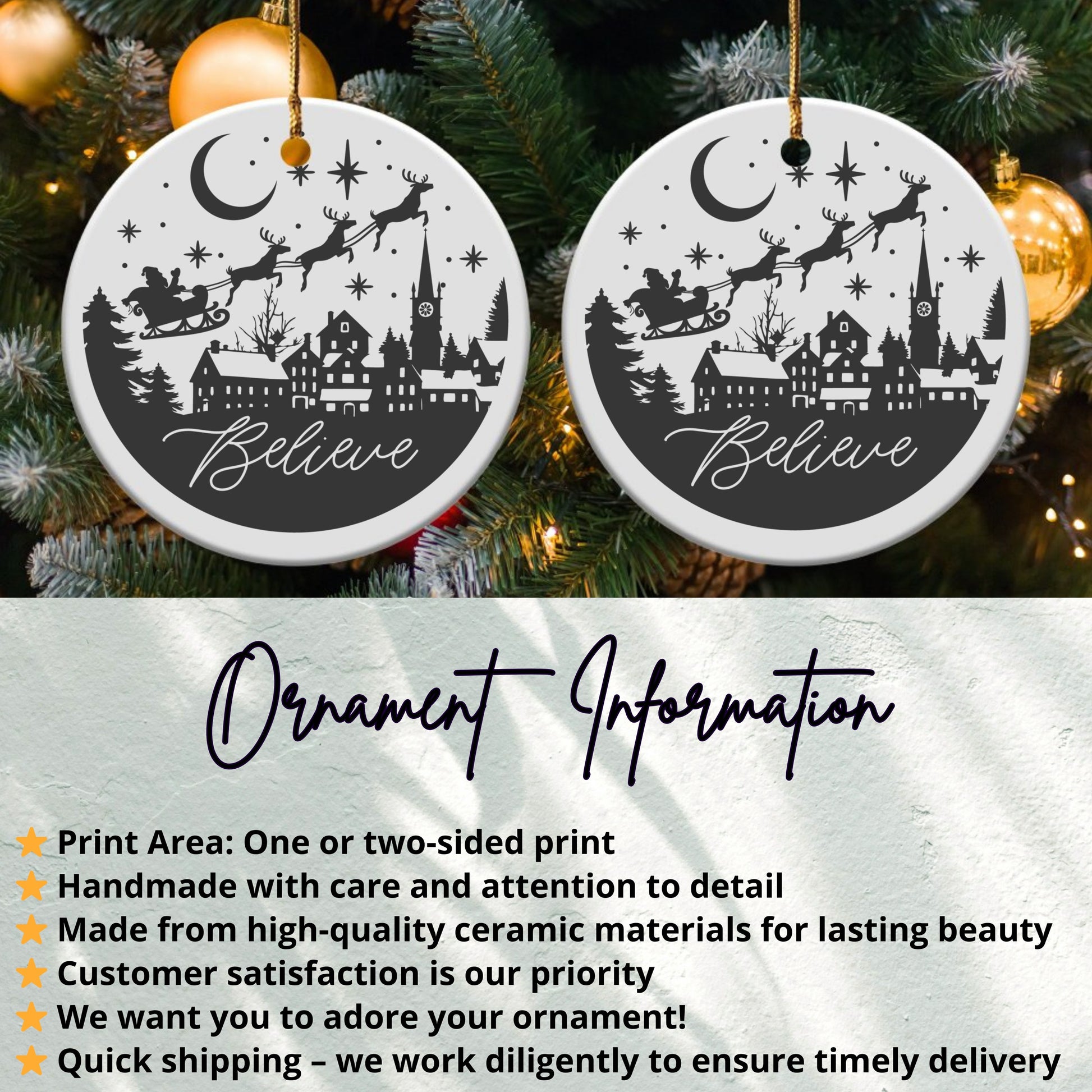 Santa Sleigh Silhouette Believe Holiday Ornament product type