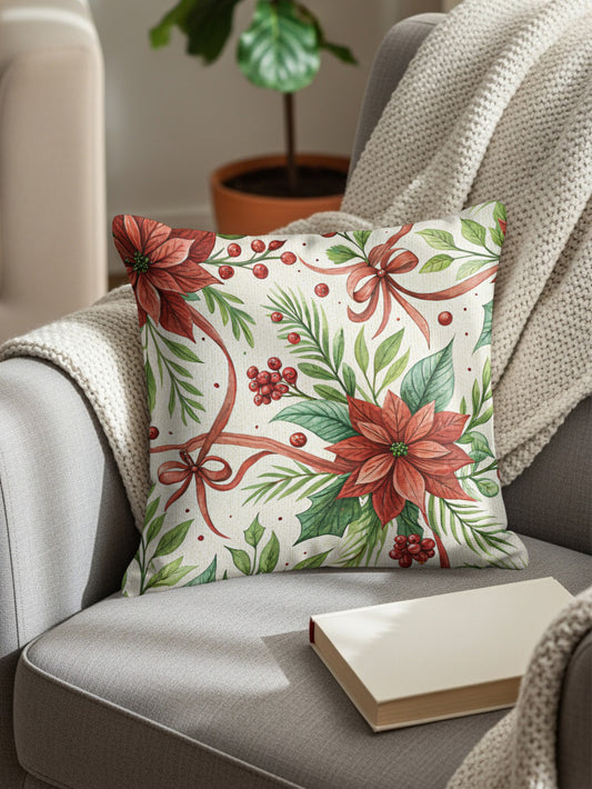 Festive Poinsettia and Holly Throw Pillow product