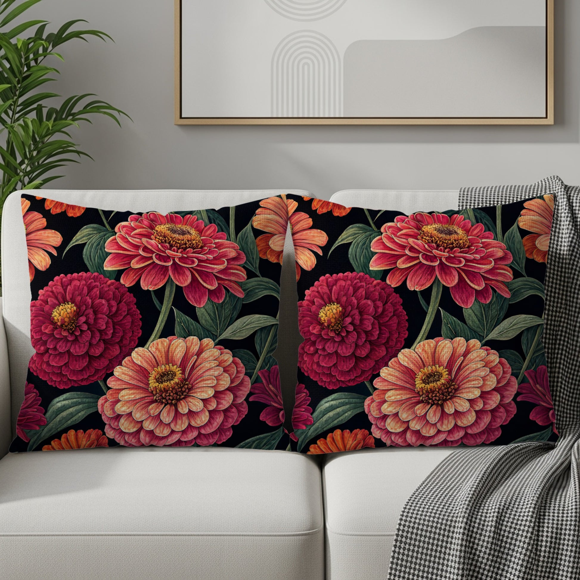 Bold Blooming Zinnias on Black Decorative Floral Throw Pillows - Walk Greener