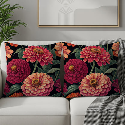 Bold Blooming Zinnias on Black Decorative Floral Throw Pillows - Walk Greener