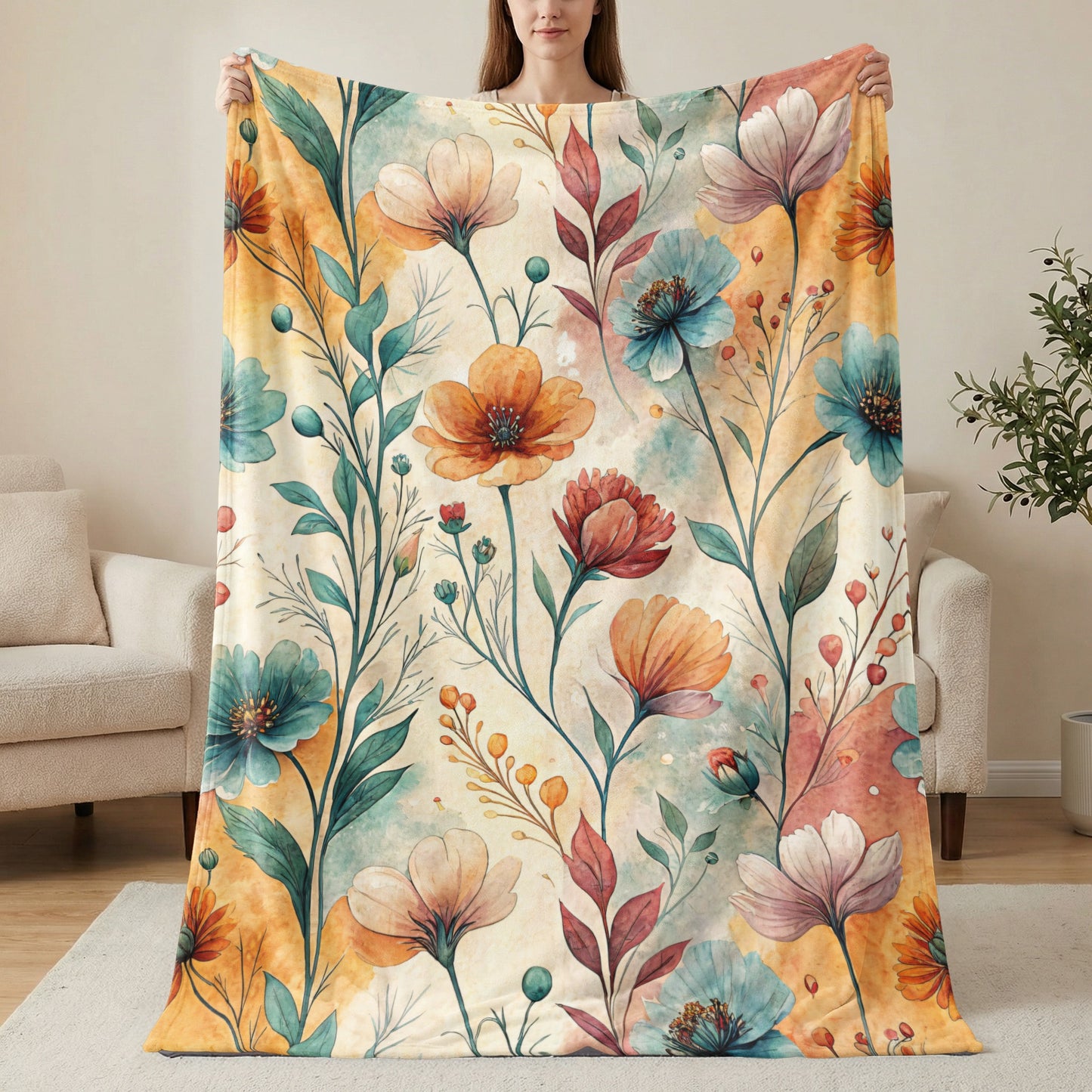 Floral Symphony a Watercolor Delight Velveteen Plush Blankets - Walk Greener