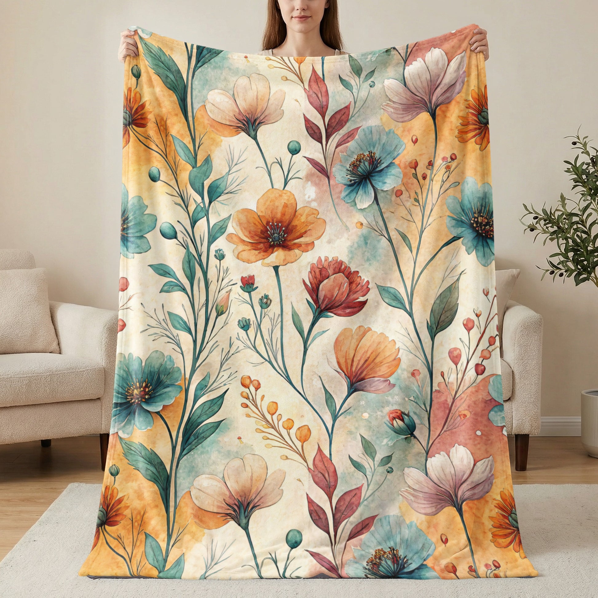 Floral Symphony a Watercolor Delight Velveteen Plush Blankets - Walk Greener