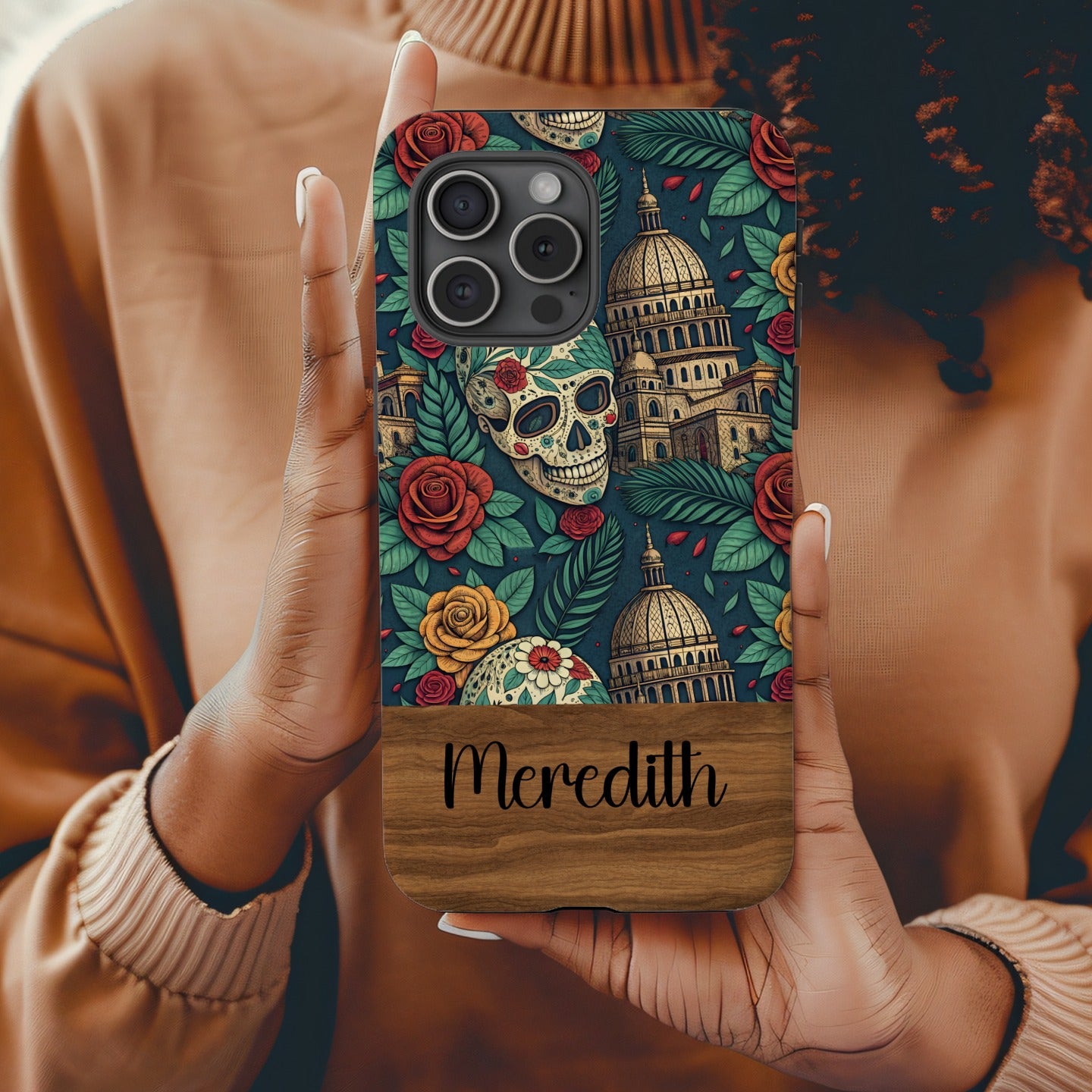 Custom Skull Floral Design Phone Case with Name