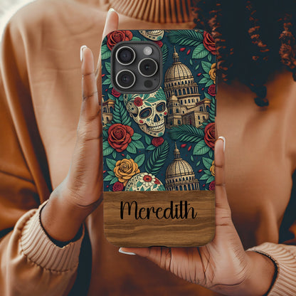 Custom Skull Floral Design Phone Case with Name